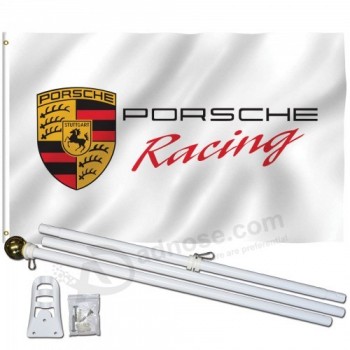 porsche racing branco bandeira de poliéster 3 'x 5', bastão e suporte