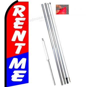 RENT ME (Red/Blue) Flutter Feather Flag Bundle (11.5' Tall Flag, 15' Tall Flagpole, Ground Mount Stake)