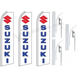 3 drapeaux Swooper Flutter Feather plus 3 poteaux et pointes de sol Logo SUZUKI Bleu Rouge Blanc