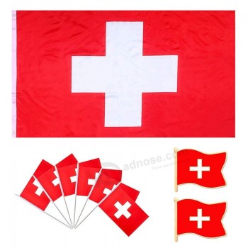 Bandeira suíça consumada 3x5-12 pacote suíço pequenas bandeiras mini vara com 2 pacote de lapela Pin decorações do partido