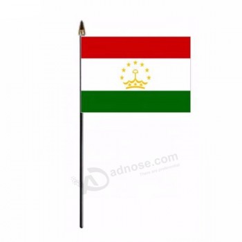 Venta al por mayor personalizada vender bien 4 * 6 pulgadas bandera de onda de mano de Tayikistán con cabeza de oro