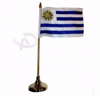 Uruguay Small 4 X 6 Inch Mini Country Stick Flag Banner with GOLD STAND on a 10 Inch Plastic Pole