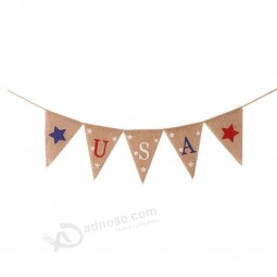America USA Burlap Hessian USA Flag Pennant Bunting Banner for Memorial Day 4th Of July Day Decor