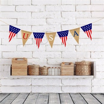 ジュート黄麻布幸せなアメリカ独立記念日カラフルなアメリカの星条旗バナー装飾リネンペナント