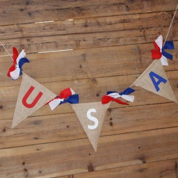Bleu, blanc et rouge bowknot tricolore suspendu fanions muraux USA impression fanions en lin