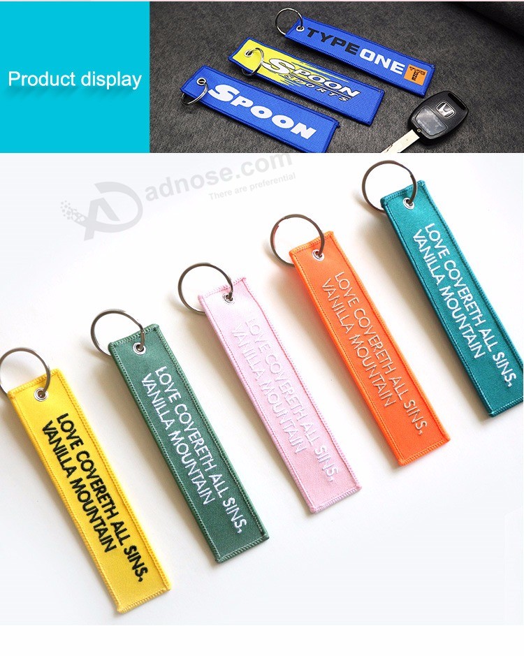 High Quality Personalized Custom Promotional Fabric Woven Keychain Patch Key Tag Key Strap Keyfob Airplane Key Ring Embroidered Patch Key Holder