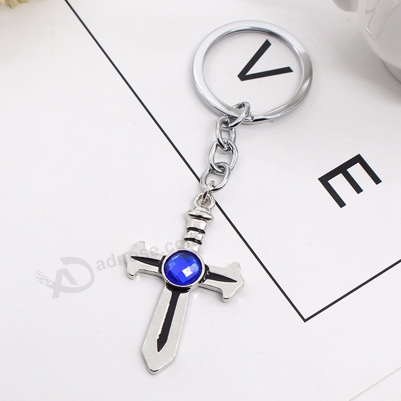 Hot-Anime-Fairy-Tail-Keychain-Simple-Silver-Blue-Crystal-Cross-Sword-Key-Chain-Ring-For-Women (1)