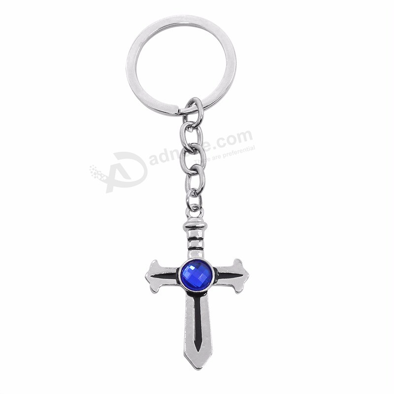 Hot-Anime-Fairy-Tail-Keychain-Simple-Silver-Blue-Crystal-Cross-Sword-Key-Chain-Ring-For-Women