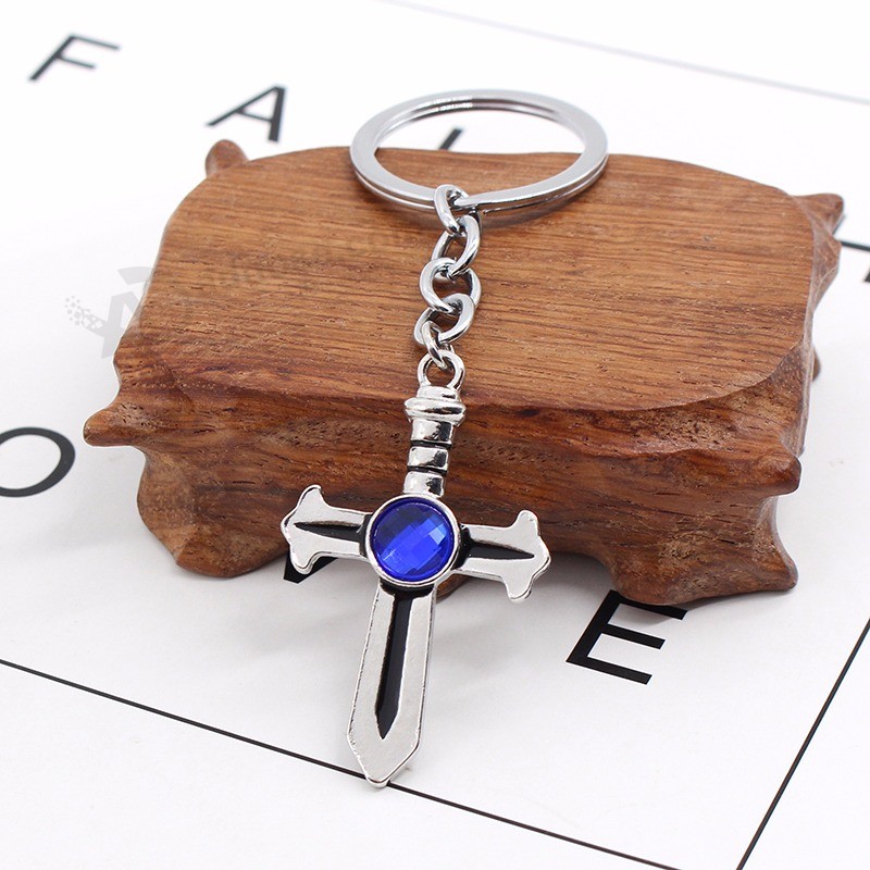 Hot-Anime-Fairy-Tail-Keychain-Simple-Silver-Blue-Crystal-Cross-Sword-Key-Chain-Ring-For-Women (4)