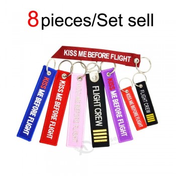 8ピース/セット販売キッスME前にフライトキーチェーン航空ギフトキータグ飛行乗組員キーチェーン刺繍織りストリーマーラベル