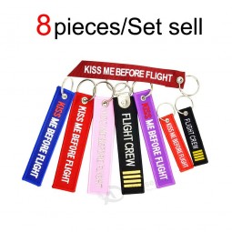 8pieces/Set sell KISS ME BEFORE FLIGHT KeyChain Aviation gift Key tag FLIGHT CREW Key Chains Embroidery Woven Streamer label