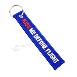 5pièces vendre KISS ME BEFORE FLIGHT Porte-clés 13cm * 2.5cm Broderie Duplex Porte-clés Bleu pour les amateurs de porte-clés de voitures de moto