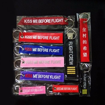 KISS ME BEFORE FLIGHT Key Chains Embroidery ribbon Textile Aviation gift Keychain women men FLIGHE CREW key Pendant