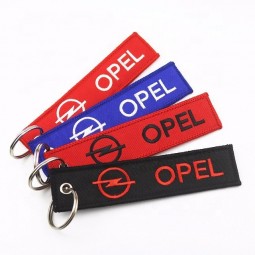 Cheap Promotion Embroidery Custom Woven Textile Logo personalized keychains with Gold Sewing