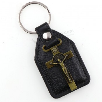 Porte-clés en cuir PU Saint Benedict crucifix pour moto
