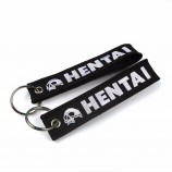 Brand Logo Fabric Tag Merrow Border Garment Embroidery Keychains with Metal Rings