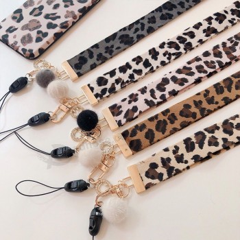 luxury women leopard printing long neck cloth lanyard strap