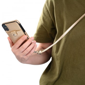 iPhone Xs Max Xr X奢华皮革多用信用卡夹套，用于手机袋+挂绳