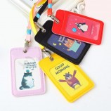 cute cartoon business card holder leather card case with lanyard for student candy color children badge ID photo card holders