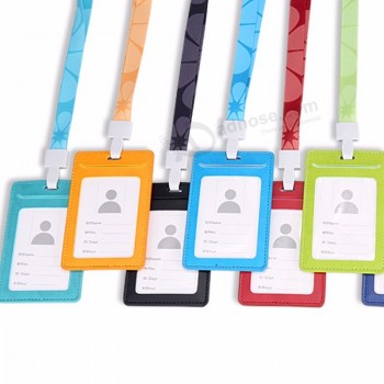 Porte-carte d’identité en cuir Bonbons Couleurs Nom Tag Cartes d’exposition Porte-badge d’affaires avec lanière Fournitures de bureau scolaires
