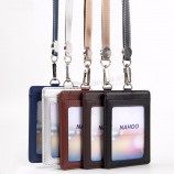 Longes Id Badge Holder Name Tag Badge en plastique Porte-carte en cuir véritable Vertical Crédit Bus Cartes Cas Fournitures de bureau
