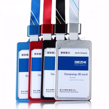 Suporte de cartão de identificação comercial de alto brilho com alça de pescoço de 1,5 cm, estojo de cartão de nome de metal com suporte de crachá de corda, personalizar o suporte 