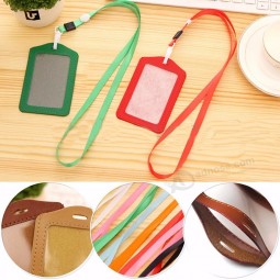 PU 1pcs Leather Candy Colors Pocket ID Card Pass Badge Holders Case Neck Strap Lanyard badge holder School Office Supplies Free Shipping