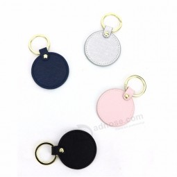Hot selling real genuine saffiano leather round key chain gift circle personalised keyrings