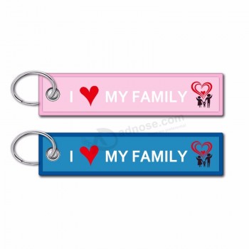 fabric keychain charm 2pcs pink / blue fashion embroidered canvas I love My family luggage Tag label for Dad kids Car motorcycle