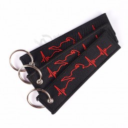 Doreen Box ECG Electrocard Heartbeat Fashion Rock Tags Couple Keychain Keyring Rectangle Polyester Embroidery Red White 1 Piece