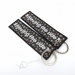 Metal Ring Merrow Border Double Sided Letters Logo Woven Fabric Keychain for Handbags