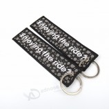 metal ring merrow border double sided letters logo woven fabric keychain for handbags