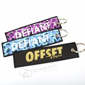 Both Side Various Golden Metallic Thread Metal Brand Logo Flash Woven Key Keychains for Handbags