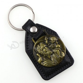 Porte-clés en cuir PU Saint Joseph breloques pendentifs pour hommes noir Tag Antique bronze plaqué crochet porte-clés voiture porte-clés