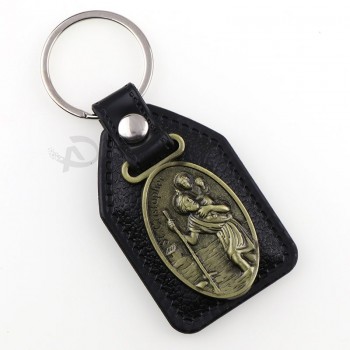 Porte-clés en cuir PU Saint Christopher Charm pendentifs pour hommes Noir Tag
