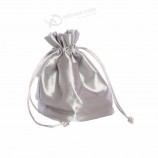 Custom Logo Luxury Lady Holiday Wrapping Cosmetic Jewelry Pouch Silver Grey Silk Satin Drawstring Bag For Women