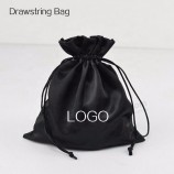 Vente en gros Logo personnalisé Marque privée Extension de cheveux Satin noir Cordon de serrage Sacs pour perruque / bijoux / cadeau / montre / diamant / bague