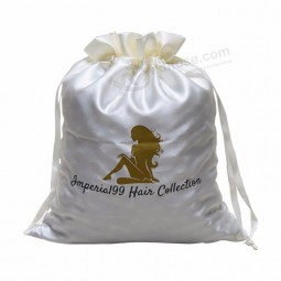 Customized silk white satin drawstring hair pouch bag with logo printed