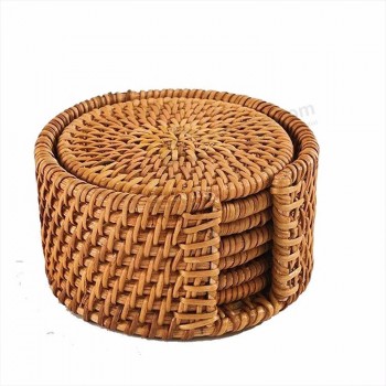 7个天然竹杯垫餐垫圆形编织藤制餐桌垫
