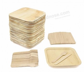 Eco-Friendly Dinnerware,Disposable Square Palm Leaf Plates, wood Forks & Knives