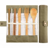 H81 6pcs ensembles réutilisable extérieur portable vaisselle avec sac roulant couverts respectueux de l’environnement cuillère en bambou fourchette couteau ensemble