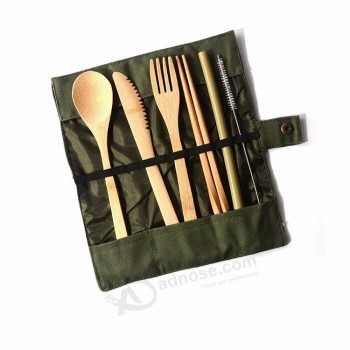 便携式自然竹制餐具套装，用于用布野营袋婴儿布袋袋餐具套装汤匙/叉子/刀子/筷子套件