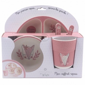 Ensemble de vaisselle en fibre de bambou pour enfants sans BPA, ensembles de vaisselle rose de forme ronde pour enfants