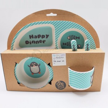 Portable recycler Dégradable personnalisé en gros fibre de bambou enfants ensembles de vaisselle ensemble de dîner avec boîte d’affichage