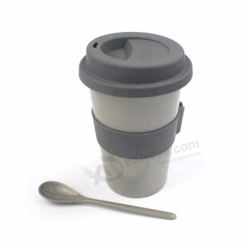 Alta calidad al aire libre portátil biodegradable reutilizable pla fibra de bambú taza de café con cuchara