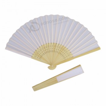 Cadeau de retour de mariage tissu pliant blanc Éventails à main avec côtes en bambou