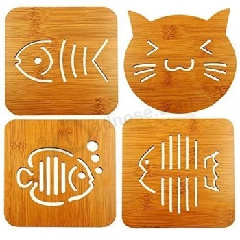 Popculta 4PCS Dessous de plat en bambou Hot Pot Holder Coaster Pad Cat & Fish Design (PACK DE 4) Bt-2006
