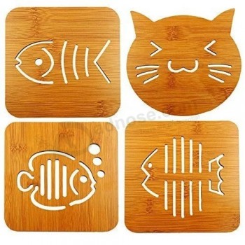 popculta 4pcs Bambus Untersetzer Hot Pot Halter Untersetzer Pad Cat & Fish Design (4er Pack) Bt-2006