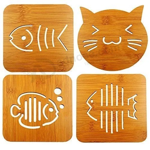 Popculta 4 개 대나무 삼발이 냄비 홀더 코스터 패드 고양이 및 물고기 디자인 (4 팩) Bt-2006