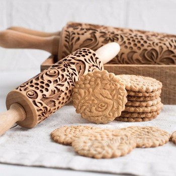 Nuevo perro ciervo de navidad rodillo de madera en relieve galletas para hornear fideos galleta fondant pastel masa modelada rodillo copo de nieve